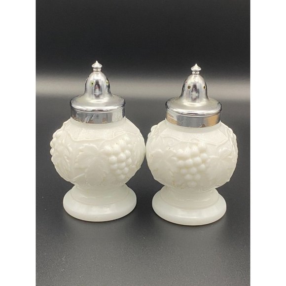 Imperial Milk Glass Salt & Pepper Shaker Set - Grape & Leaf Pattern - Picture 2 of 10